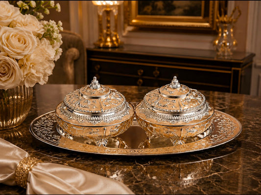 Beautifully Carved Tray with 2 Round Sugarpots