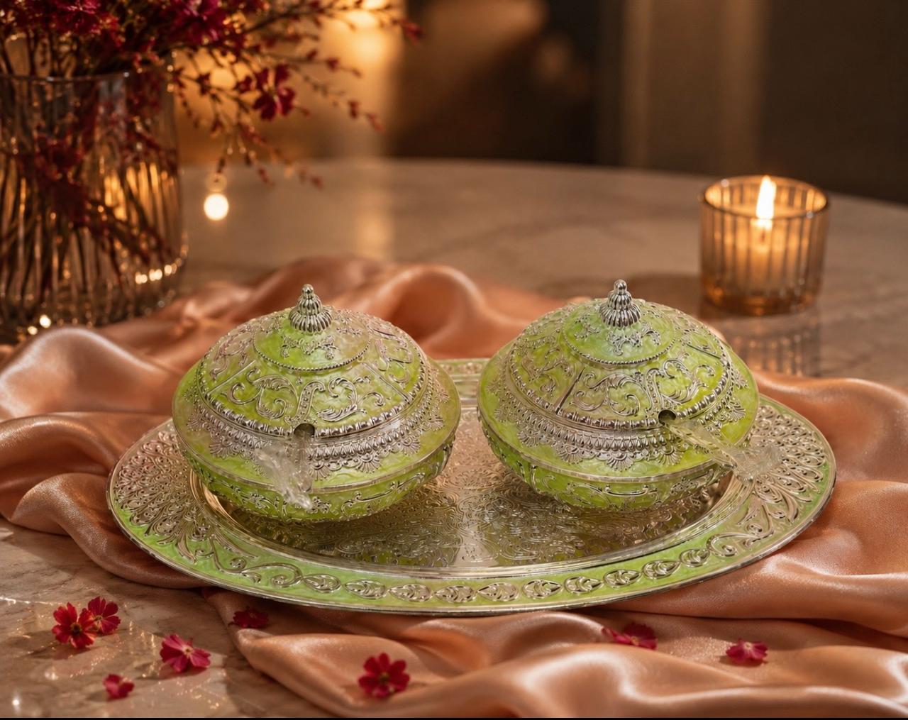 Beautifully Carved Tray with 2 Round Sugarpots