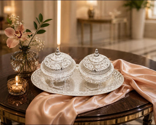Beautifully Carved Tray with 2 Round Sugarpots