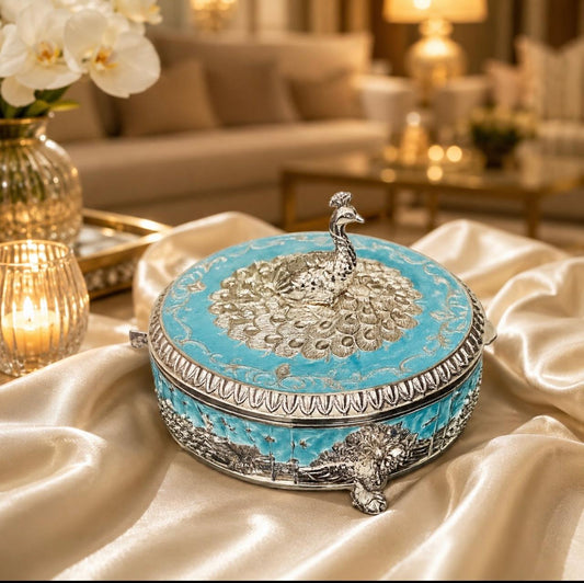 Peacock Round Enamel Dry Fruit Box