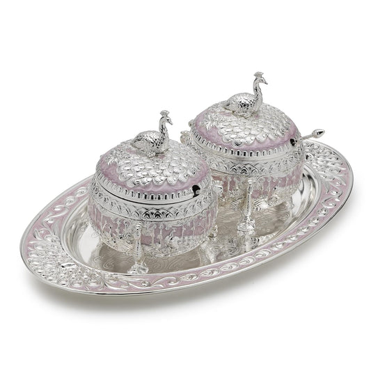 Royal Peacock Sugar Pot Set with Tray